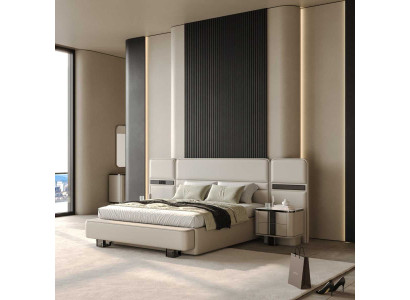 Designer Beige Schlafzimmergarnitur Polsterbett 2x Holz Nachttische