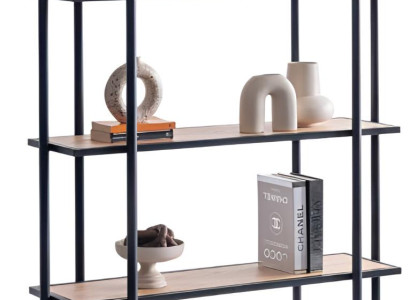 Modernes Bücherregal mit schwarzem Metallrahmen und Holz Regalen