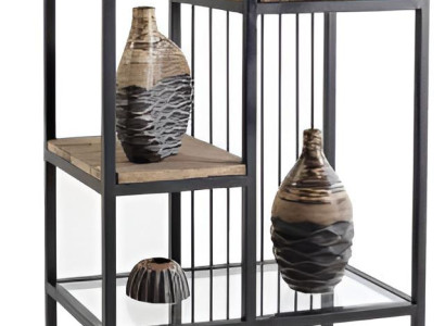 Modernes Bücherregal mit schwarzem Metallrahmen und Holz Regalen