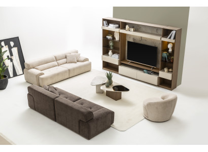 Wohnzimmer-Set: 2x 4-Sitzer, Sessel, Couchtisch, Beistelltisch & TV-Schrank