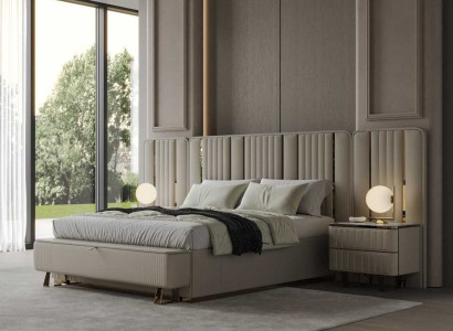 Beige Schlafzimmer Garnitur Designer Polsterbett 2x Holz Nachttische