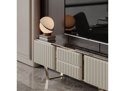 Moderner TV-Unit mit strukturierter Tischplatte und Metallbeinen