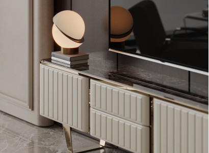 Moderner TV-Unit mit strukturierter Tischplatte und Metallbeinen