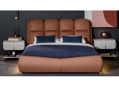 Braun-Weißes Schlafzimmer Set Edles Polsterbett 2x Holz Nachttische