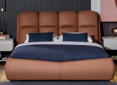 Braun-Weißes Schlafzimmer Set Edles Polsterbett 2x Holz Nachttische