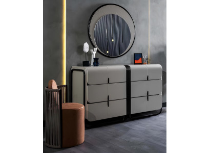 Schlafzimmer Designer Kommode Edler Rundspiegel Holz Möbel 2tlg