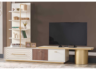 Elegantes TV-Unit mit Regalen und Schubladen mit goldenen Akzenten