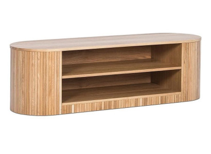 Elegantes Lowboard mit vertikalen Holzstreifen und offenen Regalen