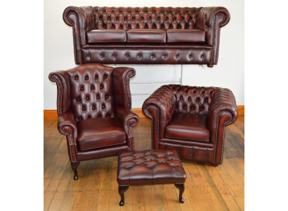 Sofagarnitur Ohrensessel  Chesterfield Ledersofa Sofa Couch Hocker Set  4tlg 3+1