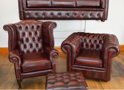 Sofagarnitur Ohrensessel  Chesterfield Ledersofa Sofa Couch Hocker Set  4tlg 3+1