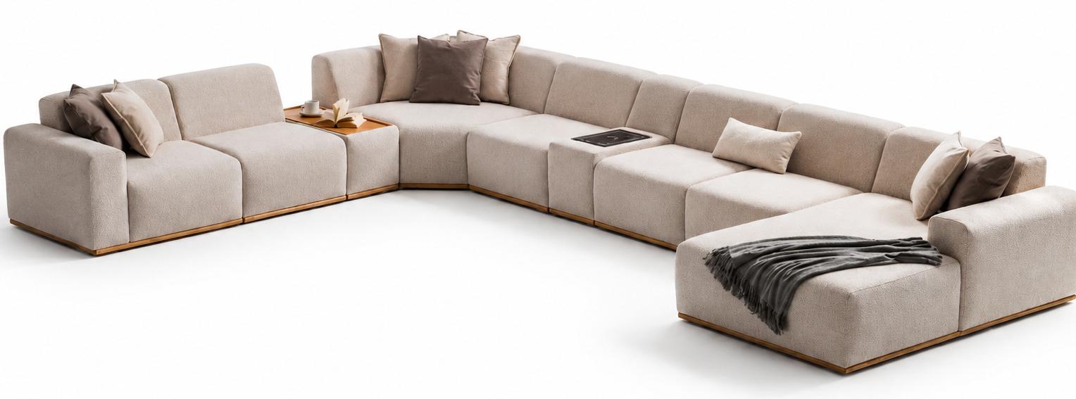 Beiges Wohnlandschaft U-Form großes Sofa Wohnzimmer Bequem Weich Modern