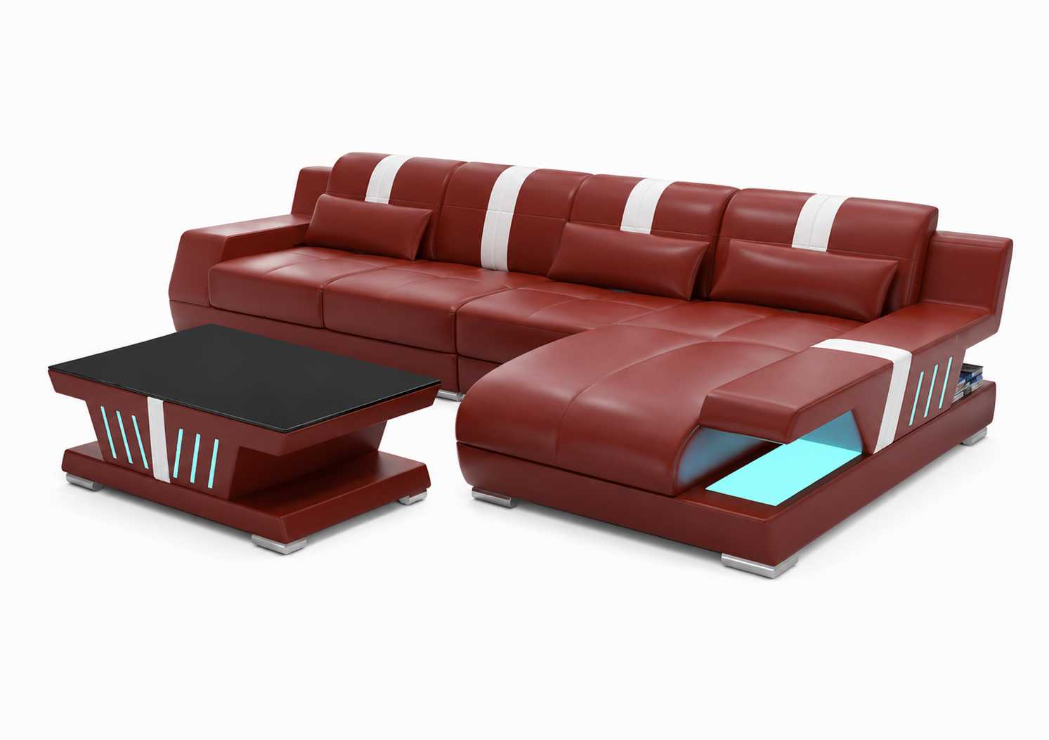 Modernes Ecksofa in Rot mit LED-Licht und Couchtisch für stilvolle Wohnzimmer