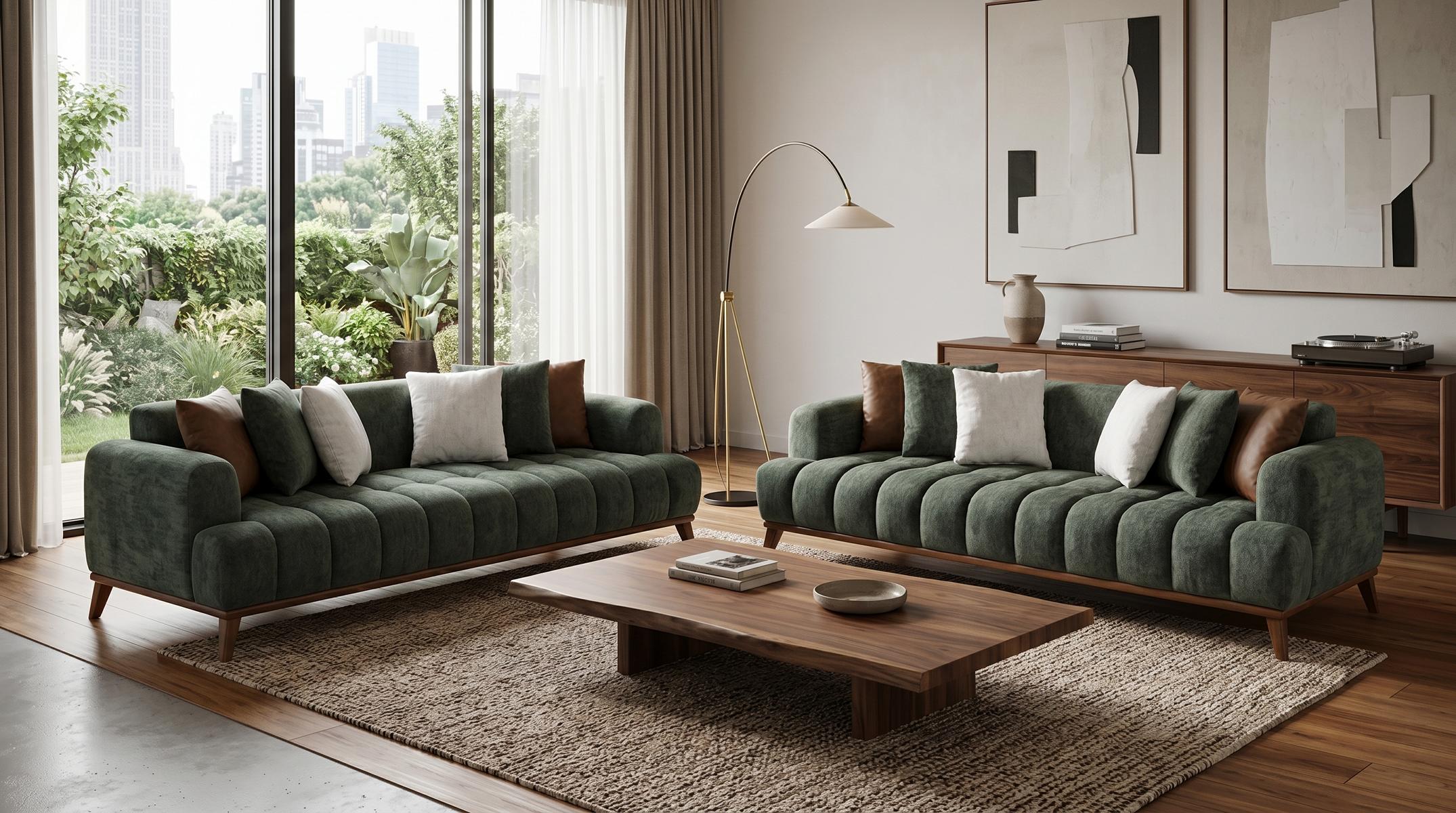 Grünes Wohnzimmer-Set 3+3-Sitzer-Sofas Sofagarnitur Stoffsofas Premium