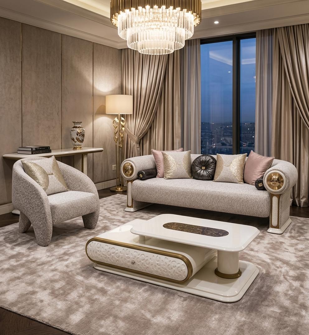 Wohnzimmer set 3Sitzer sofa Sessel Couchtisch Modern Stil Graubeigen
