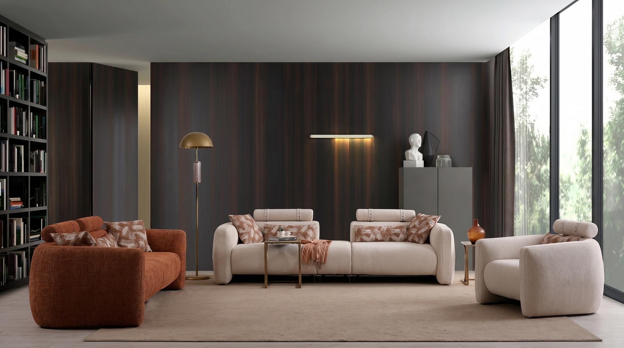 Wohnzimmer Set 3 Sitzer Sofa Sessel Modern Beige Kontrastreich