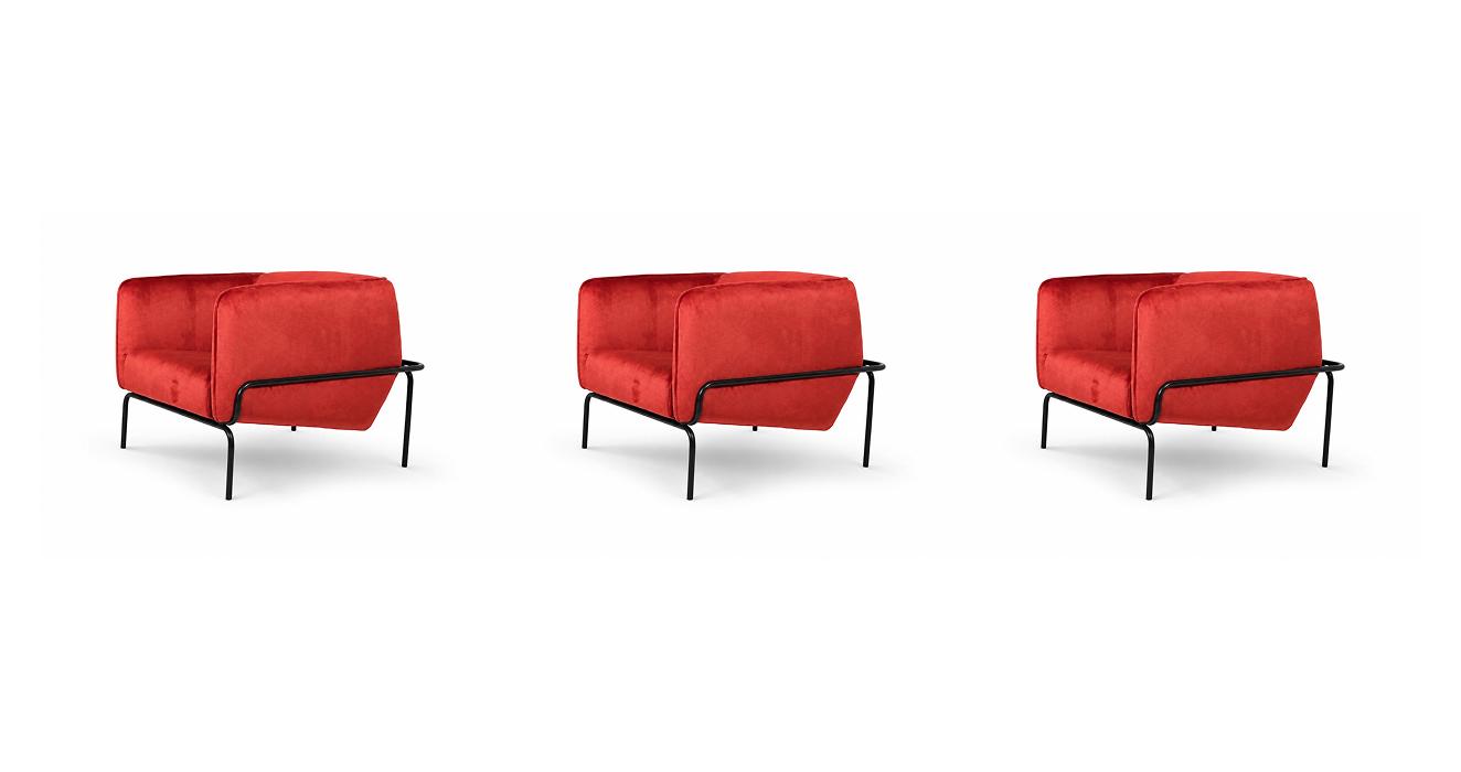 Drei Rote Sessel Stoff Metallgestell Modern Elegant Bequem Stilvoll