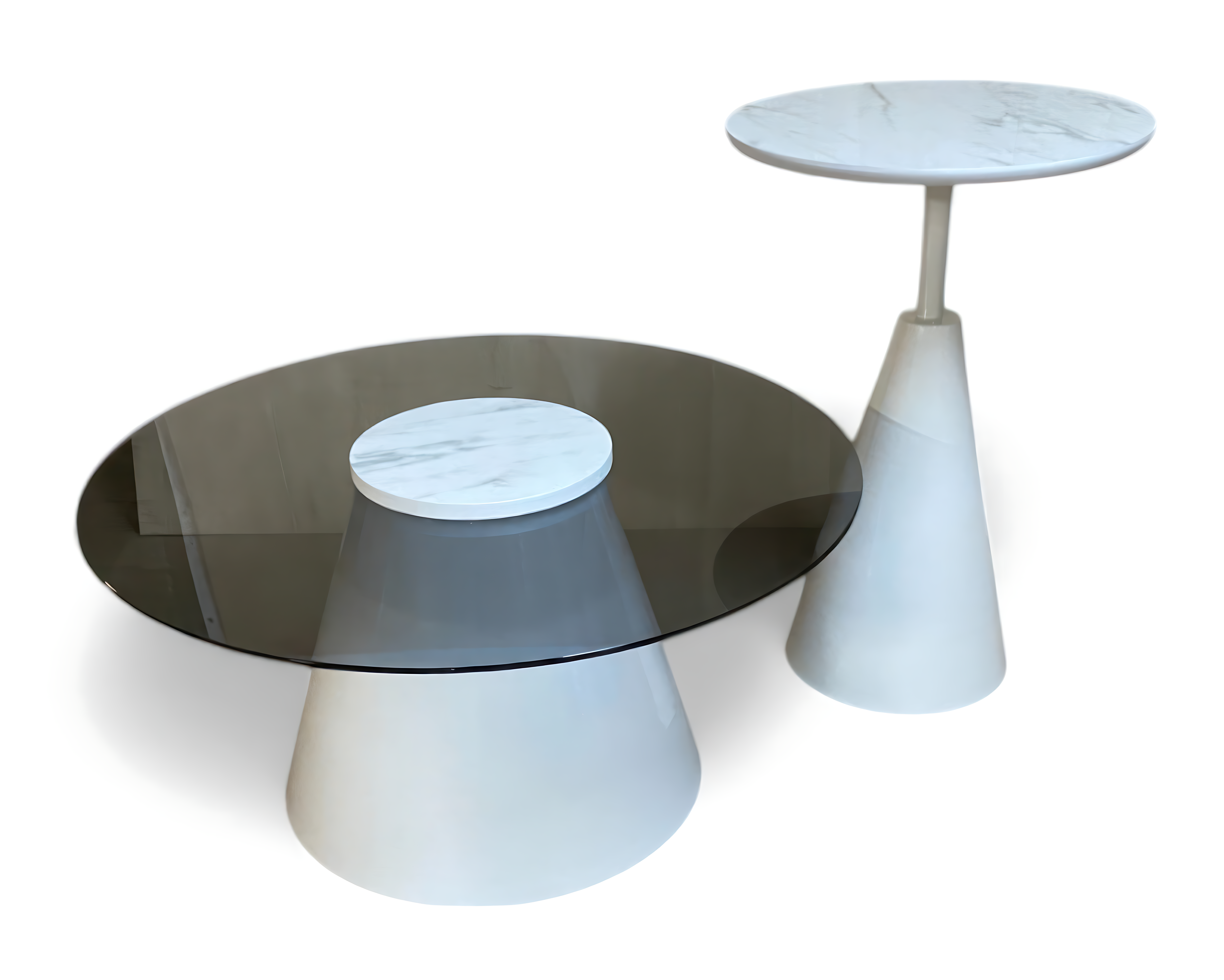 Beistelltische mit weißen, kegelförmigen Beinen, Rauchglas und Marmorakzenten