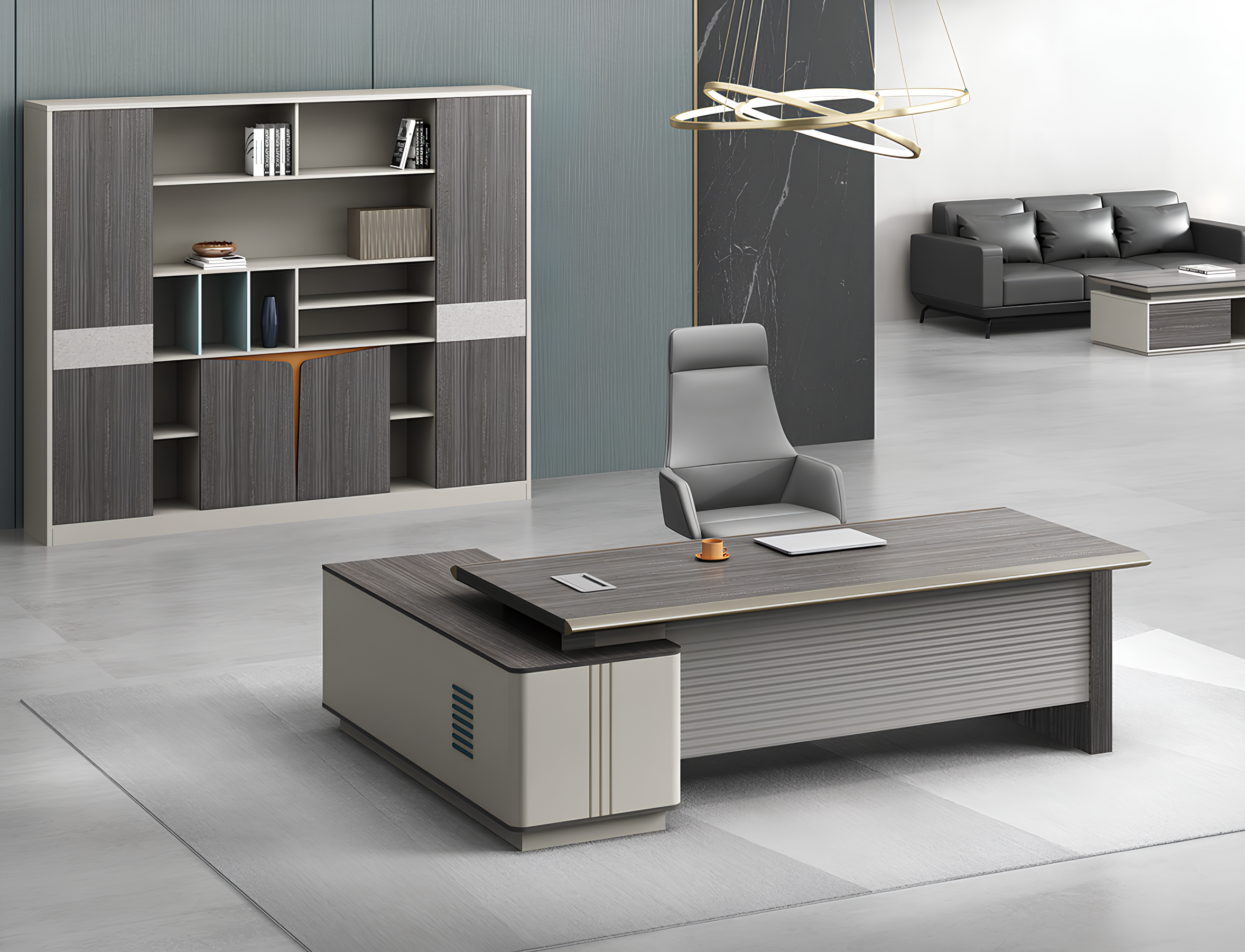 Eleganter Eckschreibtisch mit Vitrinenschrank für modernes Büro