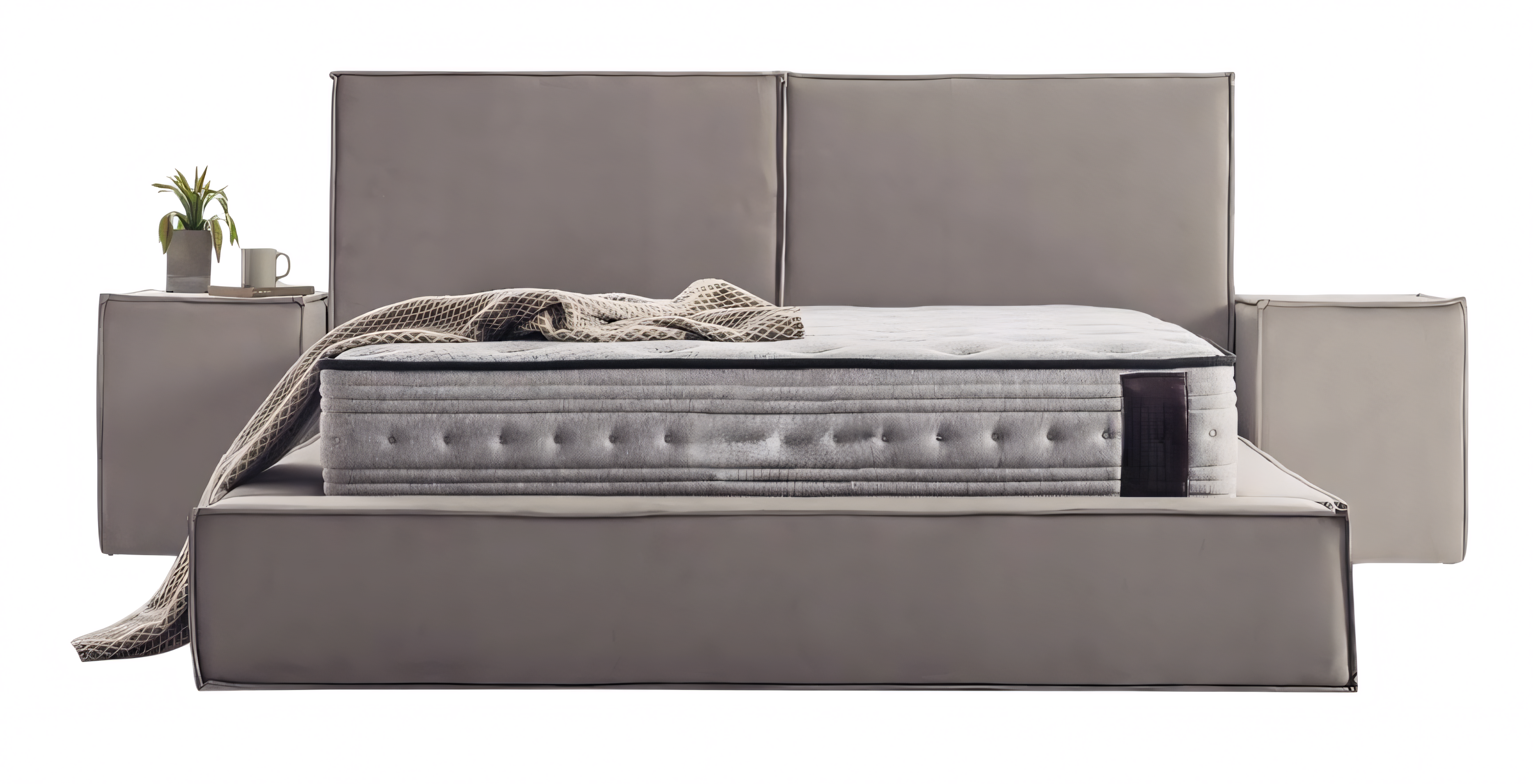 Minimalistisches Bett mit hohem Kopfteil und Seitentischen in Grau