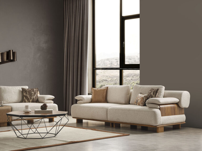 Exklusive Beige Loungecouch Designer Holzgestell Stoffsofa Möbel