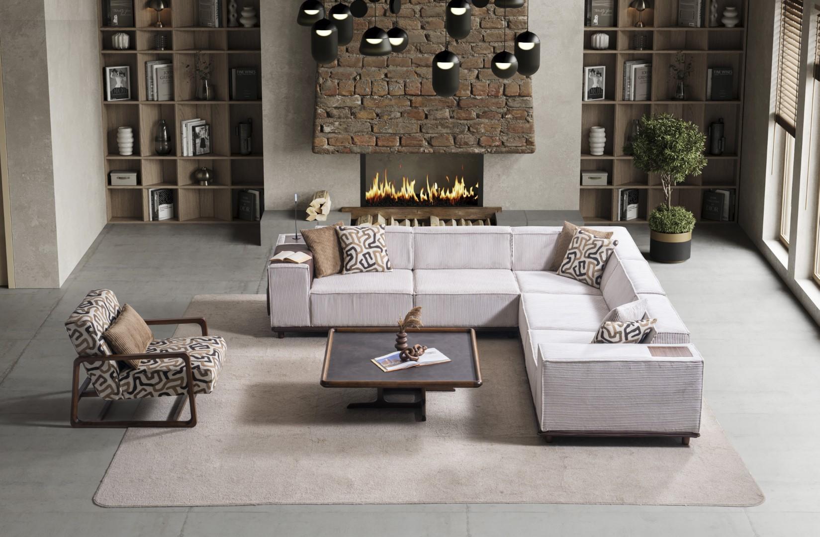 Weiß-Beige Wohnzimmergarnitur Designer Ecksofa Couchtisch Sessel