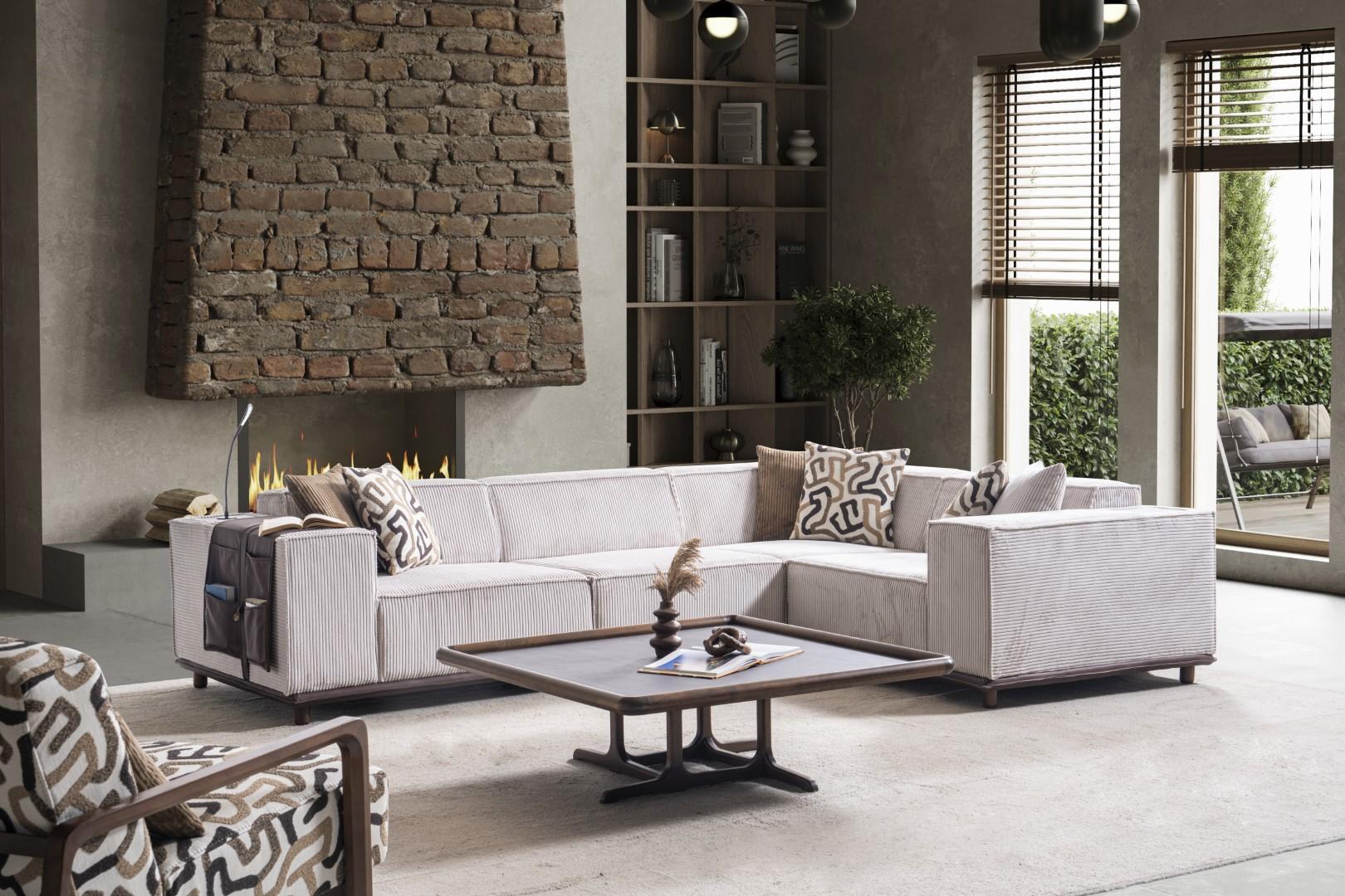 Beige Eckcouch Designer Holz Couchtisch Wohnzimmer Polster Möbel