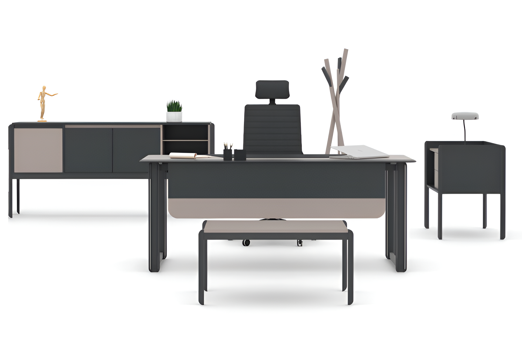 Schwarz-Beiges Büro-Set Edler Schreibtisch Designer Sideboard Tische