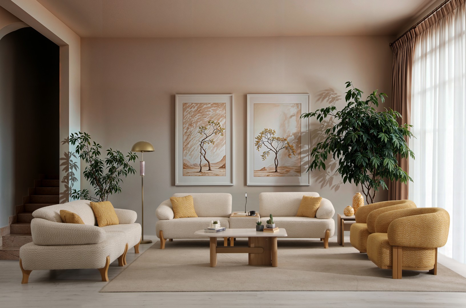 Beiges Wohnzimmer Set 2x Stoffsofas 2x Textilsessel Holz Tische