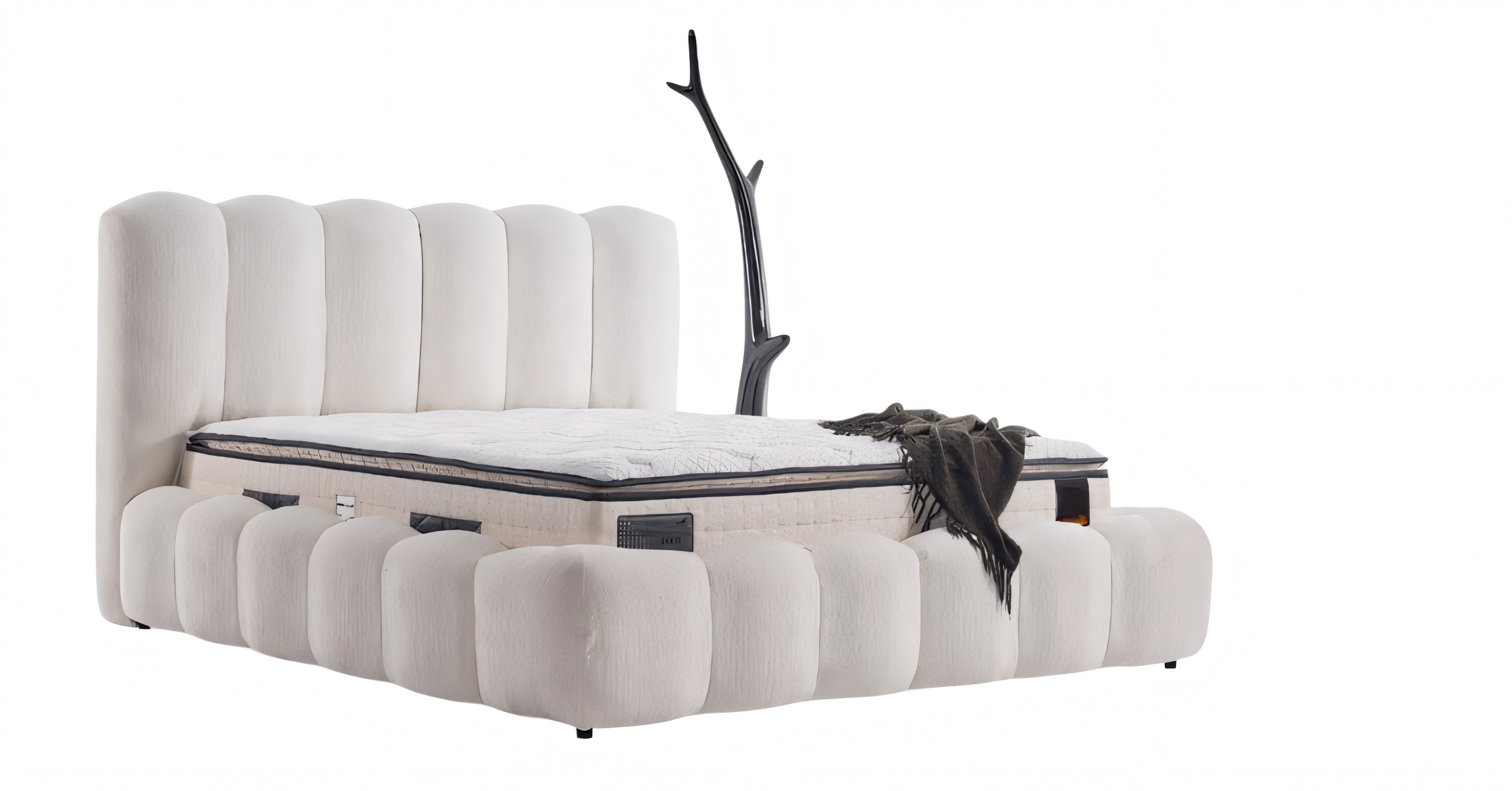 Minimalistisches Bett mit Schwerpunkt auf weichen abgerundeten Formen