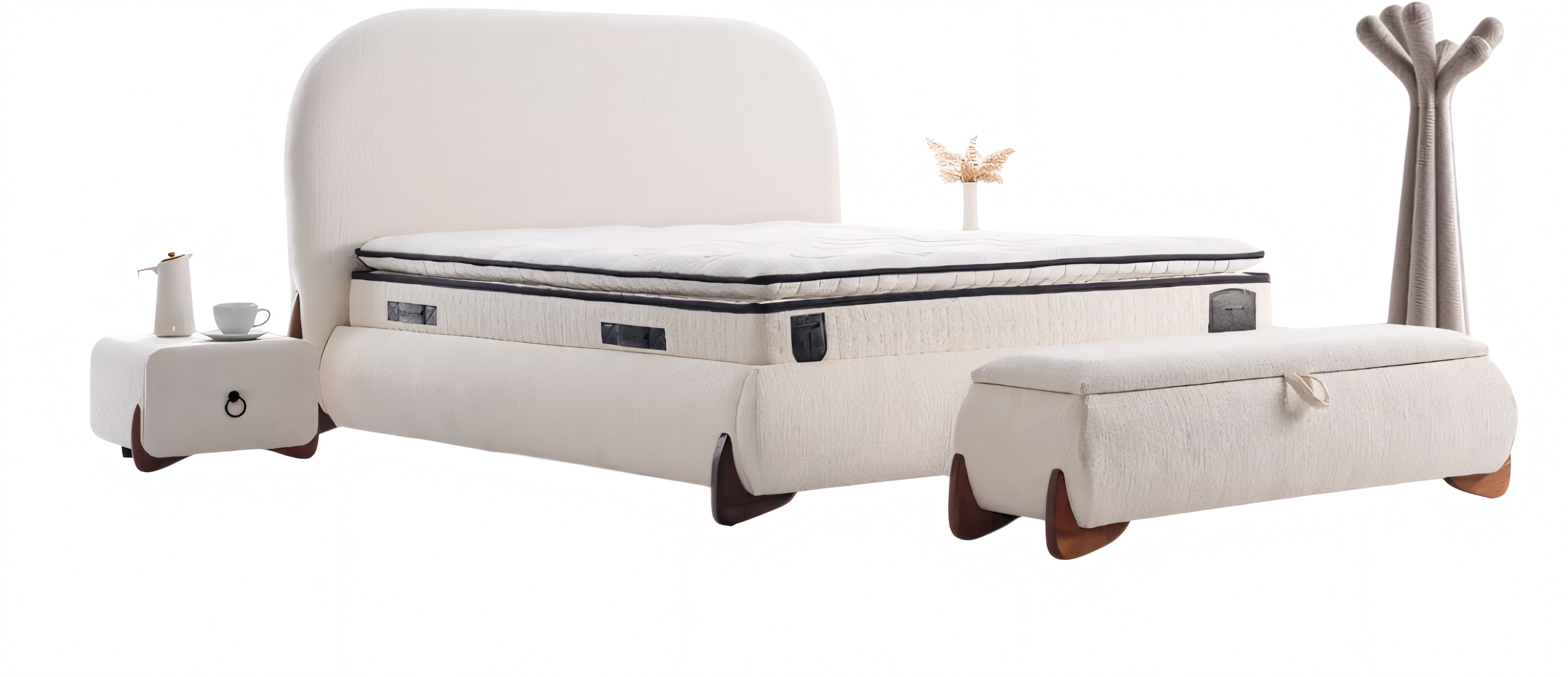 Bett mit abgerundetem Kopfteil und stabilen gedrechselten Holzbeinen