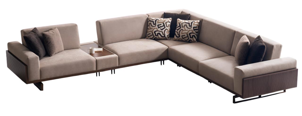 Beiges Wohnzimmer L-Form Sofa Polstercouch Holzablage Edle Kissen
