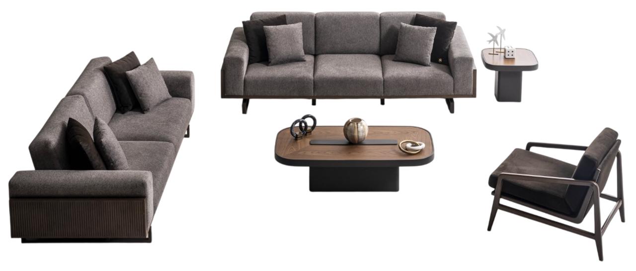 Elegante Graue Stoffgarnitur Stilvolle Beistelltische 3-Sitzer 5tlg