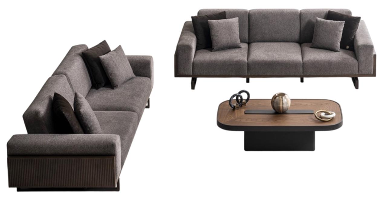 Braune Elegante Sofagarnitur Designer Dreisitzer Holz Couchtisch