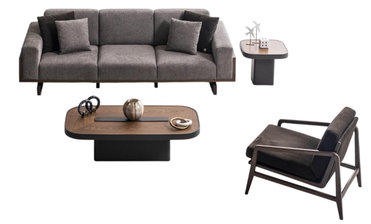 Graue Sofagarnitur Stilvoller Brauner Couchtisch Designer Sessel