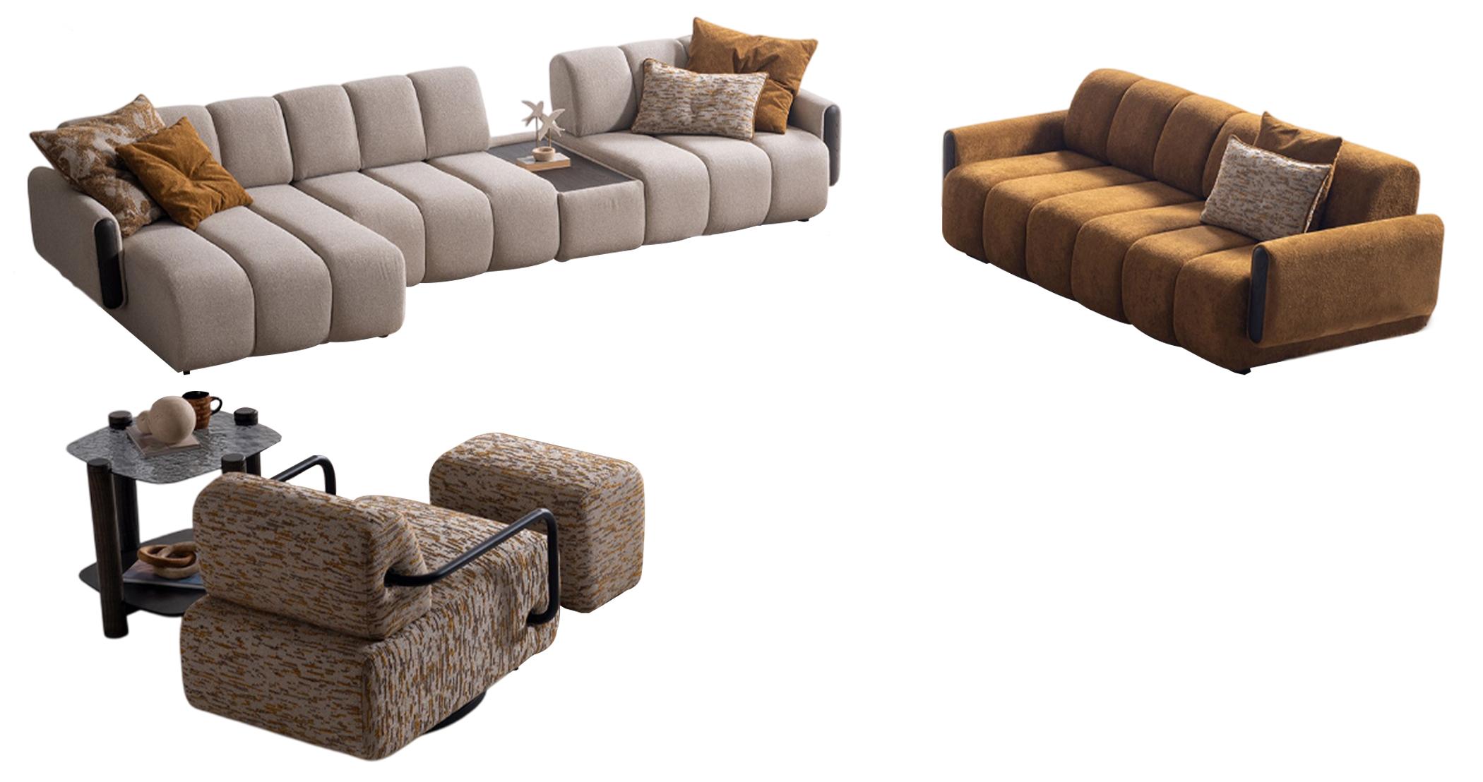 Braun-Beige Wohnzimmer Garnitur Moderne 3-Sitzer Designer Hocker