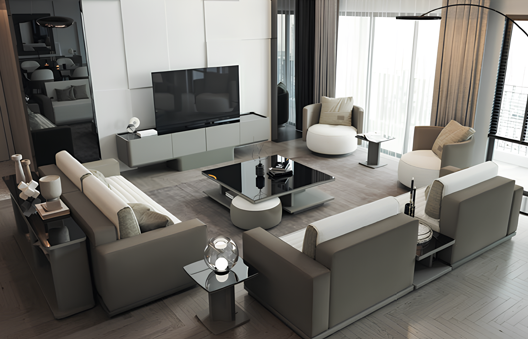 Funktionales Set für das Wohnzimmer umfasst Sofas Sessel TV-Möbel und Tische