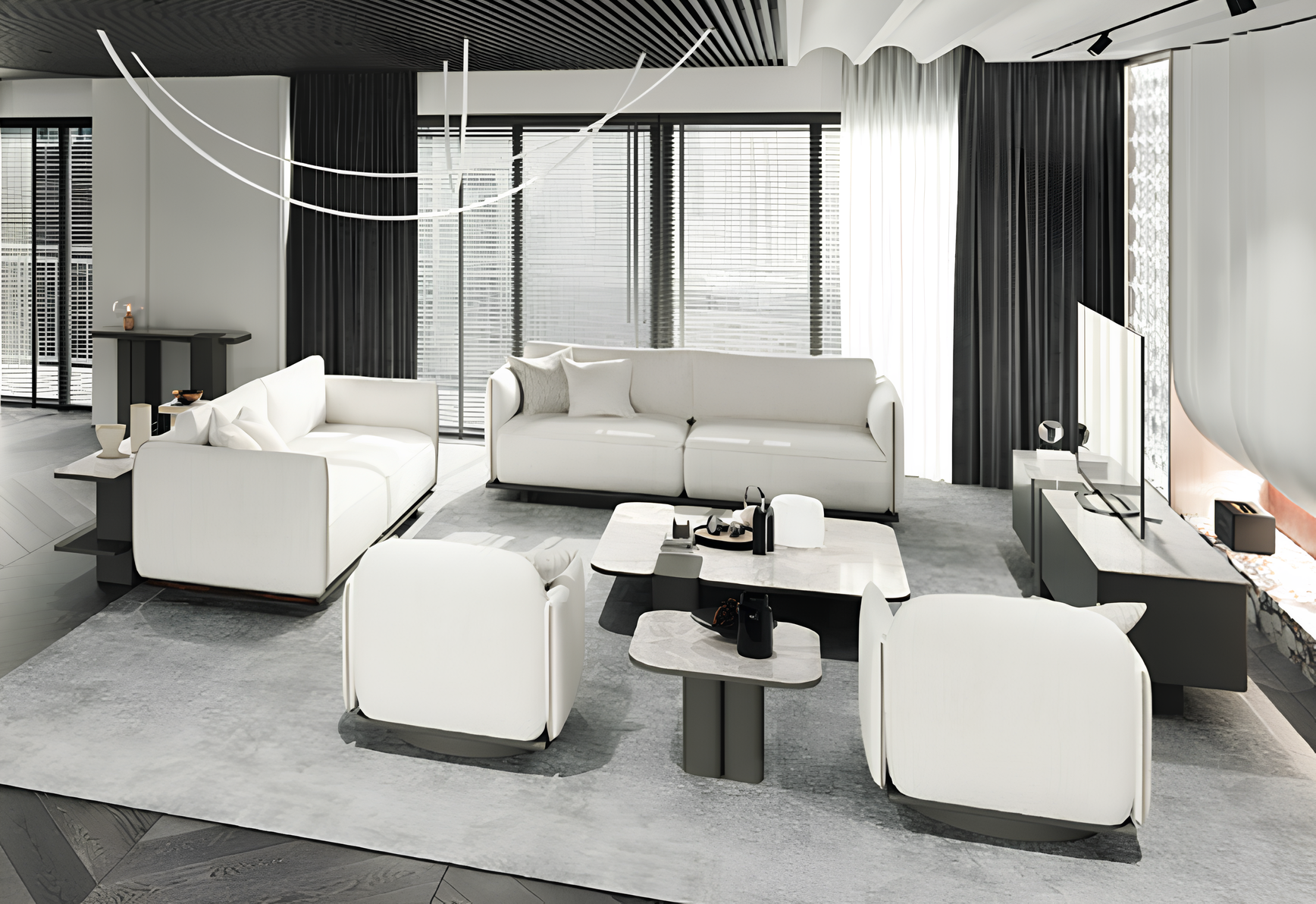 Komplettes Wohnzimmer-Set mit 2 Sofas 2 Sesseln TV-lowboard und Tischen